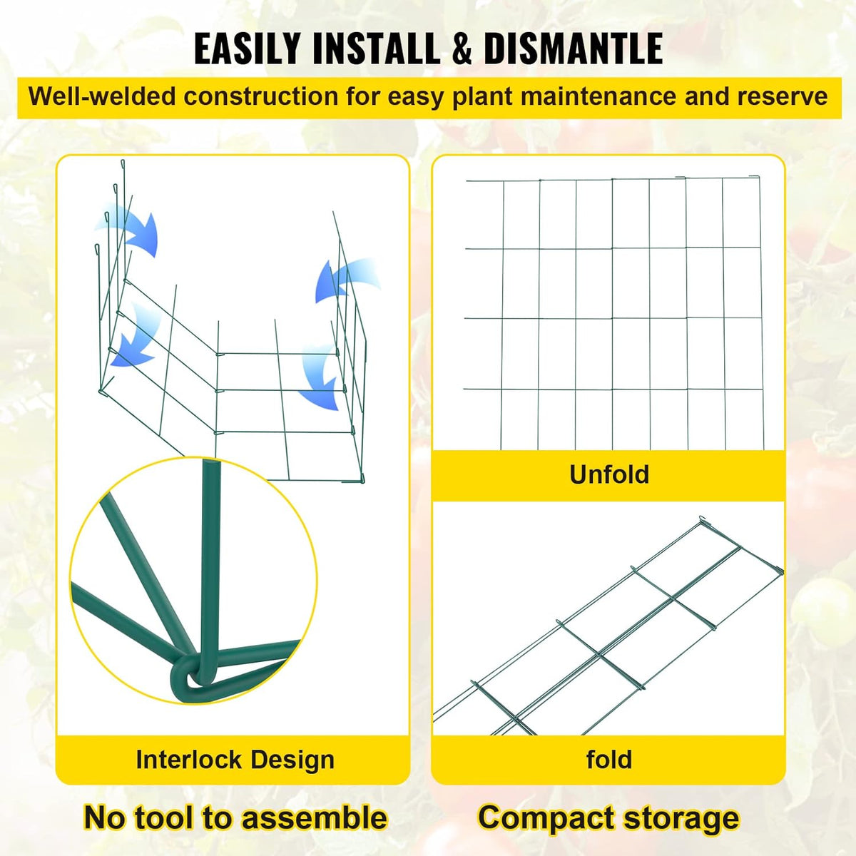 VEVOR Tomato Cages, 11.8" x 11.8" x 46.1", 10 Packs Square Plant Support Cages, Green PVC-Coated Steel Tomato Towers for Climbing Vegetables, Plants, Flowers, Fruits