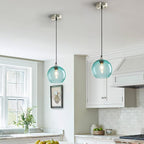 Light Blue Glass Pendant Lights Kitchen Island Lighting Globe Pendant Light Fixtures Modern Pendant Lighting for Bedroom Living Dining Room Light Fixture (7.87 in, 2 Pack)