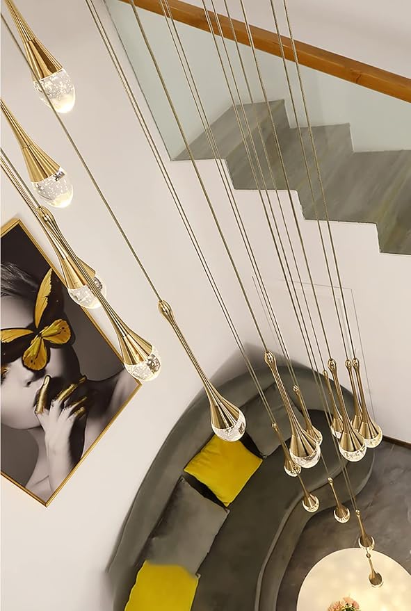 120'' Long Spiral Crystal Chandeliers 16-Lights Gold Bubble Raindrop Crystal Pendant Chandelier Staircase Slanted Ceiling Loft Fixtures LED Dimmable 2700-6000K