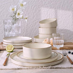 Famiware Nebula Plates and Bowls Sets for 4, 12 Pieces Stoneware Dinnerware Set, Microwave and Dishwasher Safe Dishes Set, Vanilla White with Brown Rim