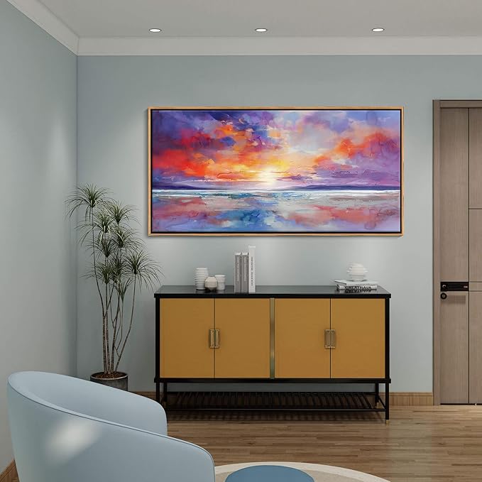 DUNHUANG ART Vibrant Orange Sunset Wall Art - Colorful Ocean Abstract Beach Decor for Living Room & Bathroom - Large Framed Coastal Seascape Picture - Ocean Sunrise Poster for Home Decoration 20"x40"