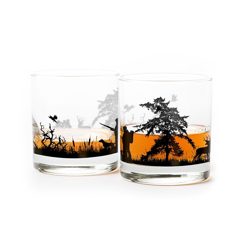 Black Lantern Whiskey Glass Set of 2 - Hunting Landscape Rock Glasses by Black Lantern - 11oz. Old Fashioned Glassware Set