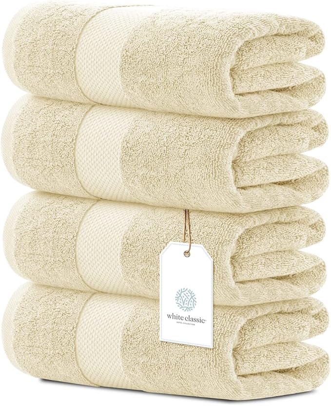 White Classic Luxury Bath Towels Set of 4 Large - 700 GSM Cotton Ultra Soft Bath Towels 27x54 | Highly Absorbent and Quick Dry | Hotel Towels for Bathroom Luxury, Plush Shower Towels, Beige