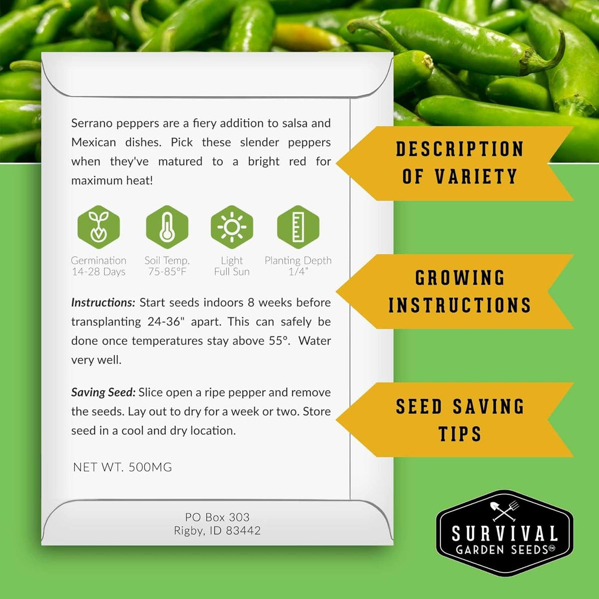 Mexican Serrano Pepper Seeds for Planting | Fresh Hot Chili & Green Hot Pepper Seeds – Heirloom Non-GMO Variety for Sauce, Salsa & Pickling – Survival Garden Seeds (2 Packs)