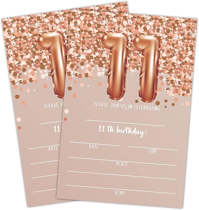 11th Birthday Invitation Cards, Rose Gold Glitter 11th Birthday Party Invites, Kids Happy Birthday Party Decorations Supplies, 20 Fill-in Cards with Envelopes for Boys or Girls Party Celebration - C03