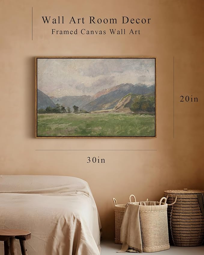 InSimSea Framed Canvas Wall Art Vintage Decor, Prairie Mountain Landscape Paintings, Large Prints, Farmhouse Decor, Natural Scenery Hanging Wall Decorations for Living Room Bedroom, 20"x30"