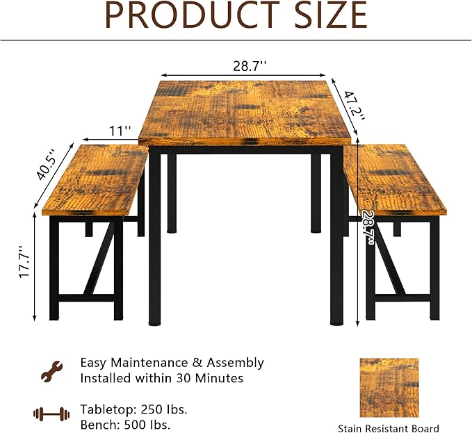 AWQM Dining Table Set with Two Benches, Kitchen Table Set for 4-6 Persons, Kitchen Table of 47.2x28.7x28.7 inches, Benches of 40.5x11.0x17.7 inches, Rustic Brown