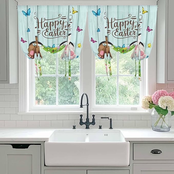 Tie Up Curtains,Happy Easter Bunny Butt Egg Floral Adjustable Rod Pocket Window Shade Curtain Drape Spring Plant on Aqua Wood Tie-Up Valance for Kitchen Bedroom Living Room Windows,52"x63"
