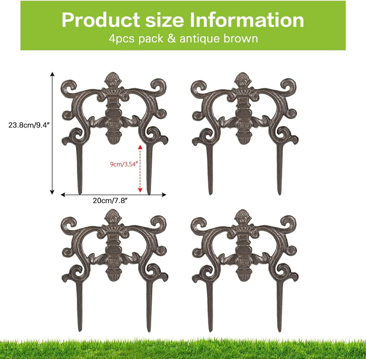 Sungmor Decorative Cast Iron Flower Bed Edging for Landscaping, 4PC Heavy Duty & Sturdy Low Garden Fence, 9.4" Tall Small Picket Fence, Pretty Vintage Lawn Edge Barrier, Outdoor Yard Decor Stakes