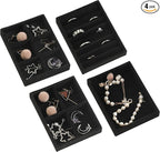 Frebeauty Small Jewelry Tray Set,Stackable Velvet Jewelry Organizer Tray,Mini Jewelry Drawer Organizer,Drawer Inserts,4.92 x 3.74 x 0.9 Inches,Earring Organizer for Women(Set 4,Black)