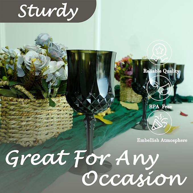 Plastic Wine Glasses，Plastic Goblets Vintage Style Cordial Drinking Glasses for Wedding Reception, Grand Event Party Supplies (12, Black)