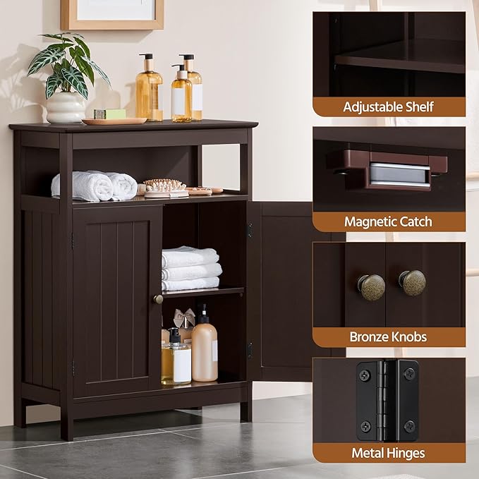 Yaheetech Bathroom Floor Storage Cabinet, Wooden Free Standing Storage Organizer with 2 Doors & Adjustable Shelf for Living Room, Hallway, Espresso