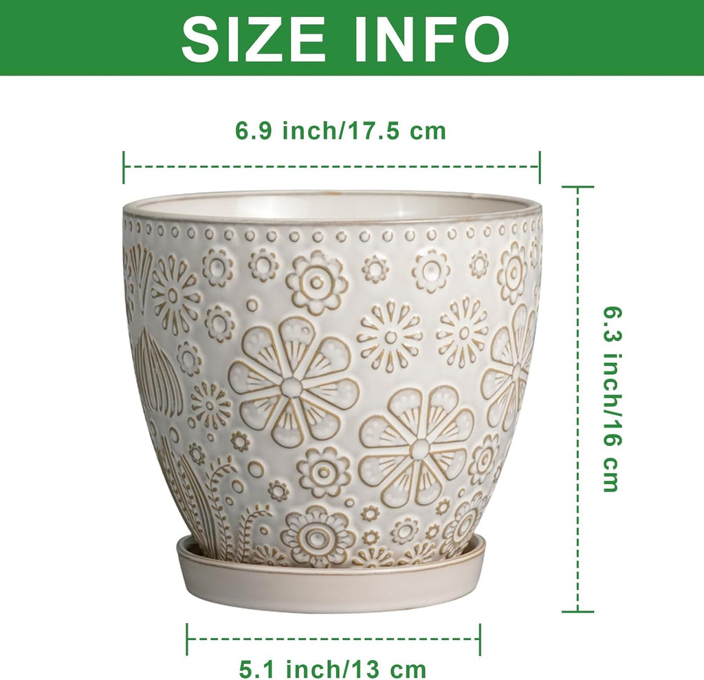 6.9 Inch Plant Pot with Drainage Hole and Saucer Ceramic Planter for Indoor Plant Flower Pot for Orchid Succulents Plants White