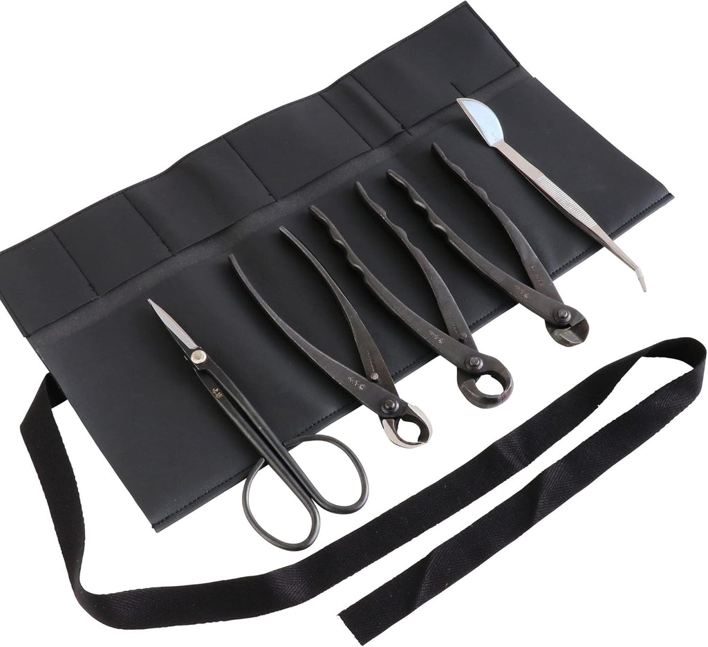 Wazakura Made in Japan 5PCS Bonsai Tool Kit with Roll Bag: Yasugi Steel Twig Bonsai Scissors, Concave Branch Cutter, Knob Cutter, Wire Cutter, Tweezers - 5 Tools Twig Schissor Set with Case…