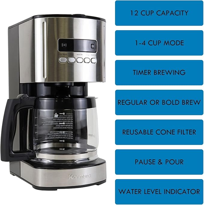 Kenmore Drip Coffee Maker - 12 Cup Programmable Cafe Machine With Glass Pot, Regular & Bold Brew, Auto Shut Off Large Water Reservoir, Reusable Filter, Kitchen Appliances For Cafeteria Barista, Black