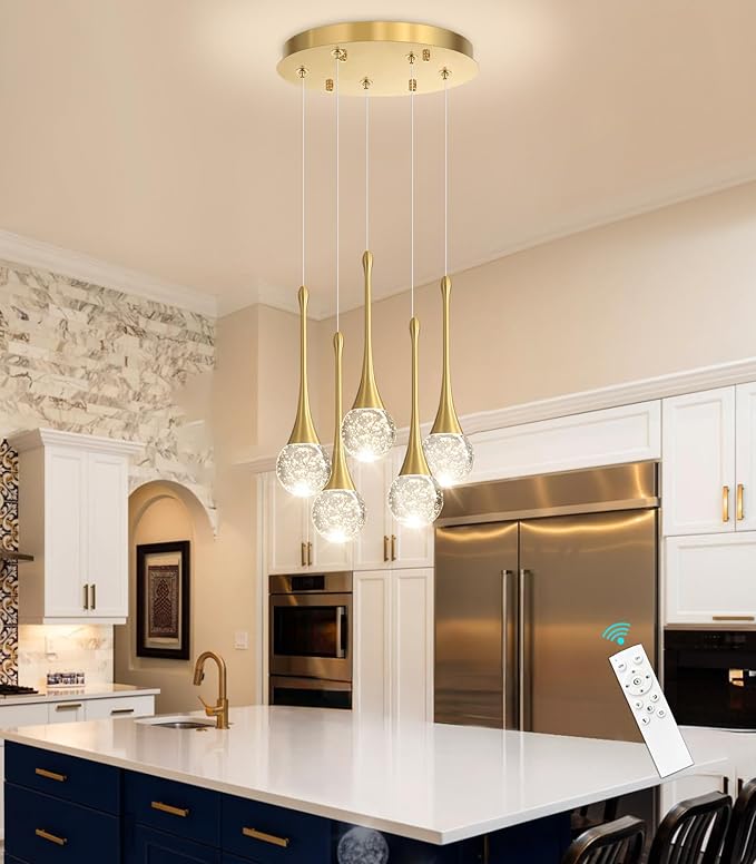 cenzoz 5-Lights Modern Pendant Lights for Kitchen Island LED Dimmable Chandelier Crystal Glam Ceiling Pendant Lighting for Dining Room Hallway Bedroom Lamp Antique Gold