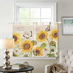 Yellow Sunflowers Kitchen Curtains 45 Inch Length, Short Cafe Window Curtains Tab Top, Country Farm Butterfly Flower Light Beige Light Filtering Window Treatments Tier Drapes 27.5"x45" 2 Panel