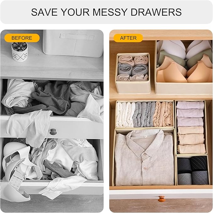 6 Pack Drawer Organizers for Clothing,Fabric Foldable Closet Organizers and Storage Dresser Drawer Dividers Storage Basket Bins for Clothes,Socks,Scarves,Ties,Underwear,Towels