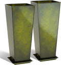 KOL 28''H. Tall Metal Planter with Saucer, Galvanized Steel Glazed Planter Pots with Drainage Hole for Indoor & Outdoor Use, Set of 2, Decorative Flower Plant Pots for Front Porch, Patio, Deck - Green