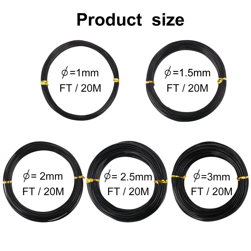 5 Roll Anodized Aluminum Bonsai Training Wire Kit with Bag, Black Bonsai Training Wire, Plant Wire Kit for Bonsai Artists & Beginners by Biugaaufai (1.0mm, 1.5mm, 2.0mm, 2.5mm, 3.0mm,5-Size 328 Feet)