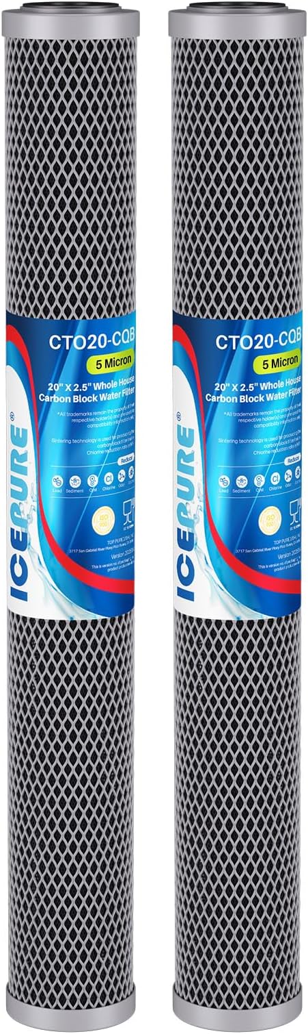 ICEPURE 20" x 2.5" Whole House Water Filter Upgraded Coconut Shell Activated Carbon Filter, 20 Inch Lead Removal Cartridge Replacement for C1-20, EP-20, HX-CB-25-2010, F3WCB32, 2PACK