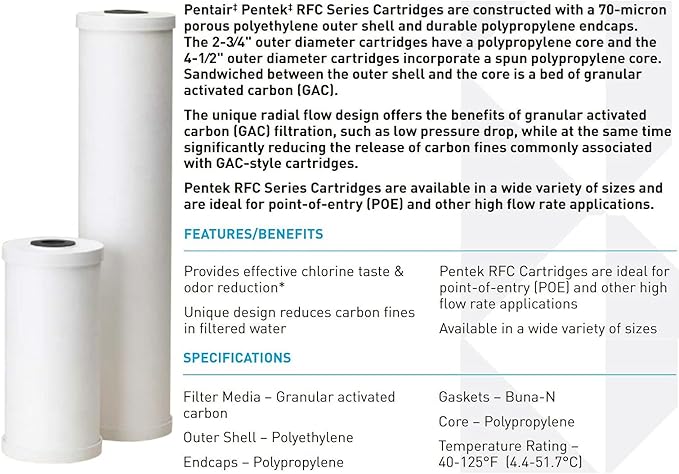 Pentair Pentek RFC-BB Big Blue Carbon Water Filter, 10-Inch, Whole House Heavy Duty Radial Flow Carbon Replacement Cartridge with Granular Activated Carbon (GAC) Filter, 10" x 4.5", 25 Micron
