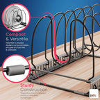 Compact Pan & Pot Lid Organizer Rack with 6 Adjustable Dividers | Steel Single Rack for Kitchen Cabinet, Drawer & Pantry – Deep U-Shaped Dividers, No Assembly Needed