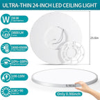 24 Inch Round Led Ceiling Light Fixture, Ultra Thin Flush Mount, Dimmable with Remote Control, 56W, 5600 Lumen, Modern, Silver, for Kitchen, Dining Room, Bedroom, Living Room, Home Office