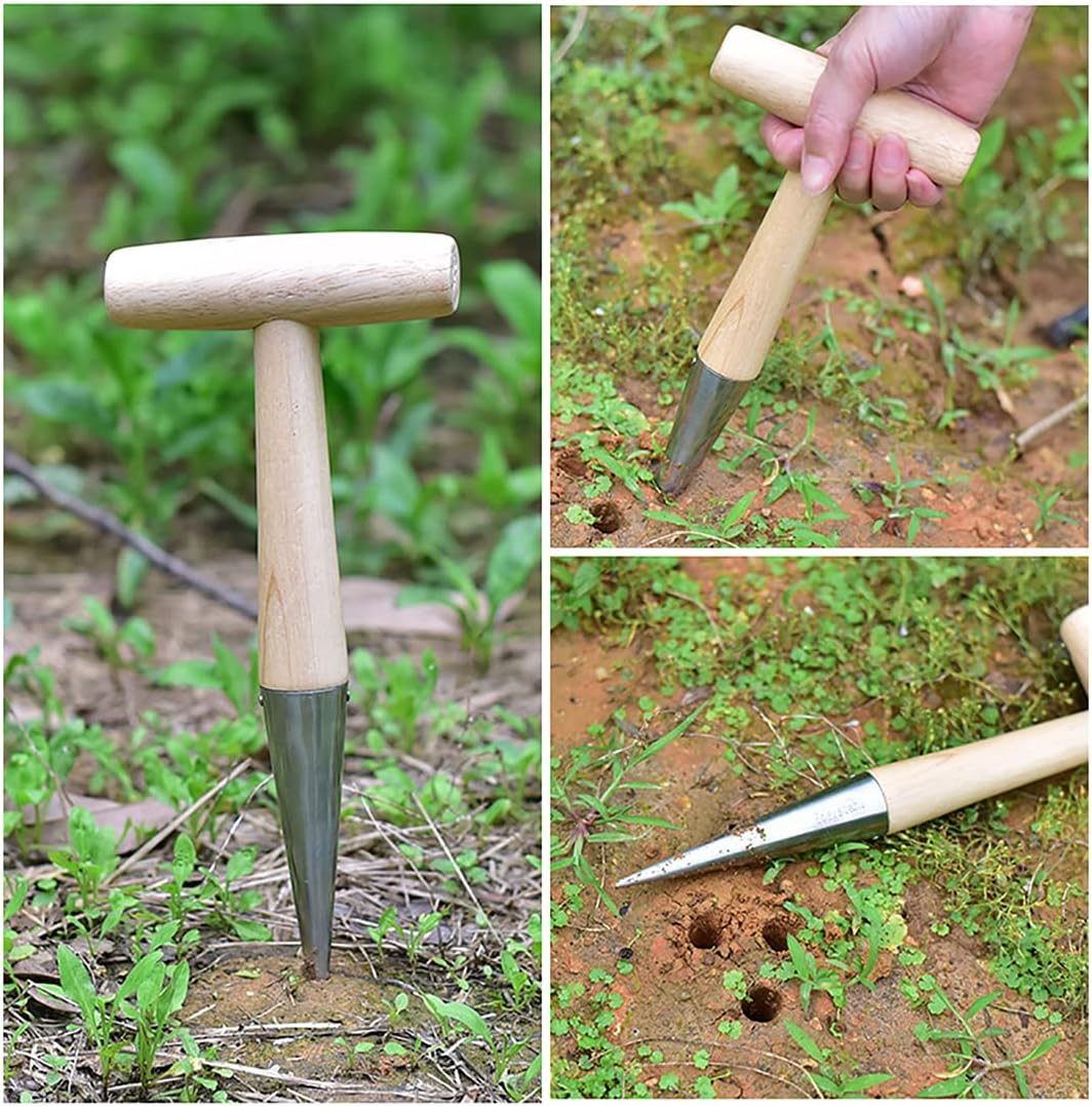 11" Stainless Steel Garden Dibber Bulb Planter with Wooden Handle, Bulb Planter for Sowing Seeds Transplanting Vegetable Flowers