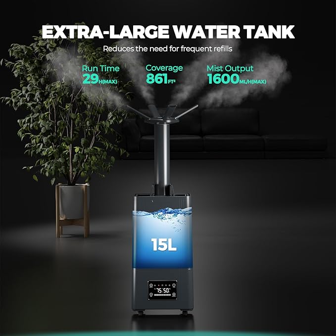 MARS HYDRO Plant Humidifier 15L,with Adjustable Humidity,Timer Function,Ultrasonic Precise and Silent Operation,No-Leak Seal for Grow Tent,Indoor Planting,Greenhouse,Bedroom