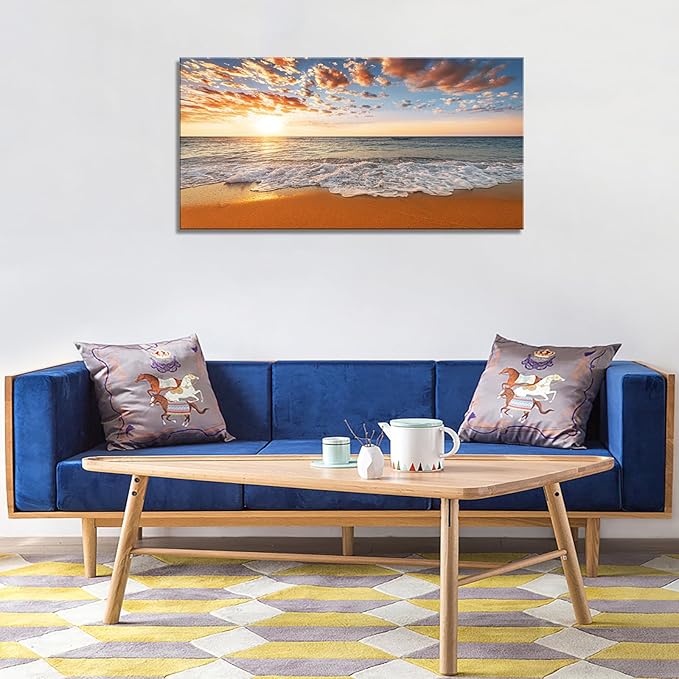 YYYYHPP YP2162 Beach Wall Art Morning Sunrise Sky Ocean Beach Waves Scenery Modern Painting Artwork for Office Wall Decor Home Decoration Stretched and Framed Ready to Hang