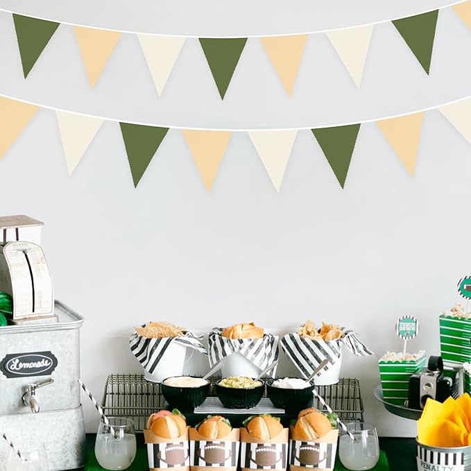 32Ft Sage Green Party Decorations Olive Green Tan Brown Cream Neutral Triangle Flag Fabric Banner Pennant Bunting Garland Streamers for Birthday Wedding Baby Shower Woodland Jungle Safari Party Decor