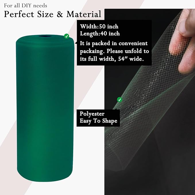 Hunter Green Tulle Fabric Rolls 54 Inch by 40 Yards Tulle Bolt Spool for Wedding Decorations DIY Tutu Baby Shower Table Skirt Ceiling Decor Birthday Party Craft Supplies