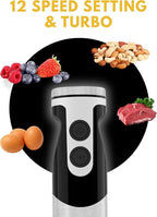 MegaWise Stainless Steel Titanium Reinforced 3-in-1 Immersion Hand Blender, Powerful with 80% Sharper Blades, 12-Speed Corded Blender, Including Whisk and Milk Frother (3-in 1 Black)