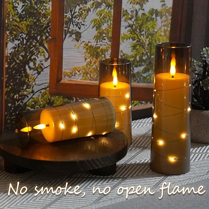Flameless LED Candles with Timer 9 Pc Flickering Flameless Candles for Romantic Ambiance and Home Decoration Stable Acrylic Shell,with Embedded Star String，Battery Operated Candles（Grey）