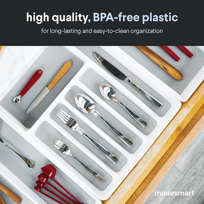 madesmart Classic Large Silverware Tray - White |CLASSIC COLLECTION | 6-Compartments| Kitchen Drawer Organizer | Soft-Grip Lining and Non-Slip Rubber Feet | BPA-Free