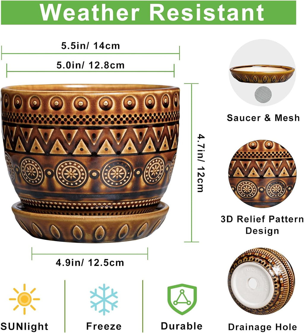 G EPGardening Ceramic Pot for Plants 5.5 Inch - Ceramic Plant Pot with Drainage Hole and Saucer, Boho Round Planter for Indoor Outdoor Plants, Plant Lover Gifts, Office Garden House Decor, Brown