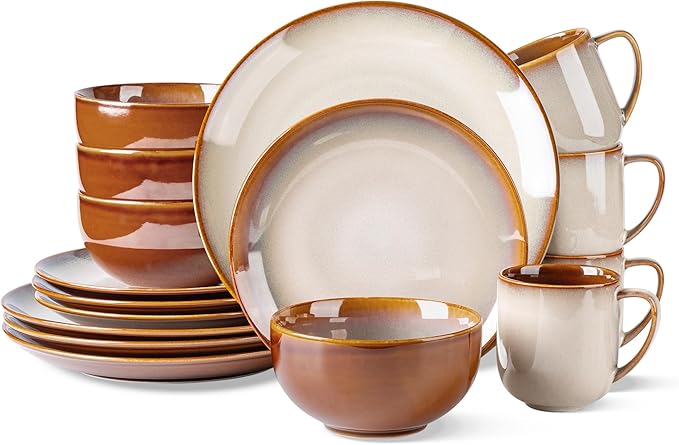 LERATIO Ceramic Dinnerware Sets for 4,16-Piece Reactive Glaze Plates and Bowls Set with Mugs,Highly Chip and Crack Resistant | Dishwasher,Microwave & Oven Safe Dishes set-Kahki