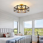 6 Light Semi Flush Mount Ceiling Light, Black Gold Ceiling Light, Industrial Hallway Light Fixtures Ceiling Mount, Modern Metal Hexagon Cage Ceiling Lamp for Kitchen, Bathroom