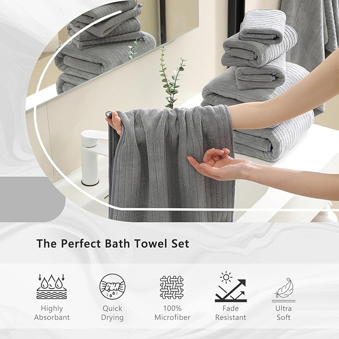 18 Piece Bath Towels Set,Ultra Soft Family Bathroom Towel Set with Hanging Loops-6 Bath Towels,6 Hand Towels,6 Washcloths,Highly Absorbent Quick Dry Shower Towel for Bathroom,Hotel,Spa-Grey Towel Set