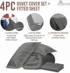 Pizuna 100% Cotton Queen 3 Pc Duvet Cover + 1 Pc Fitted Sheet Set 400 Thread Count Dark Grey Sateen Weave Luxurious Long Staple Cotton 4 Piece Bedding Set -1 Duvet Cover,2 Pillow Shams,1 Fitted Sheet