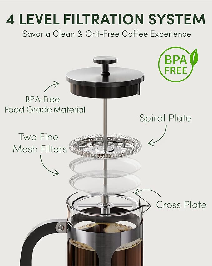 BAYKA French Press Coffee Maker 34 Ounce 1 Liter, Borosilicate Glass Stainless Steel Brewer, Large Portable Cold Brew Cafetera Teapot for Kitchen Travel Camping Coffee Bar Accessories, Dark Pewter