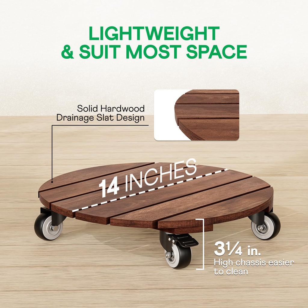 IDZO 2pack Wood Plant Caddy With Wheels Heavy Duty Red Brown, 264 Lbs Capacity, 12 Inch Acacia Hardwood Plant Roller, Plant Stand with 360° Lockable Wheels, Plant Caster for Heavy Objects Hauling