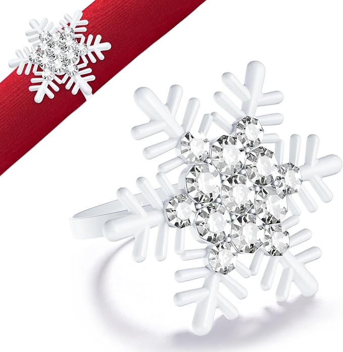 Halatool Christmas Napkin Rings Set of 8, White Snowflake with White Rhinestone Napkin Holder for Christmas Thanksgiving Winter Holiday Place Setting, Weddings, Party Table Decoration