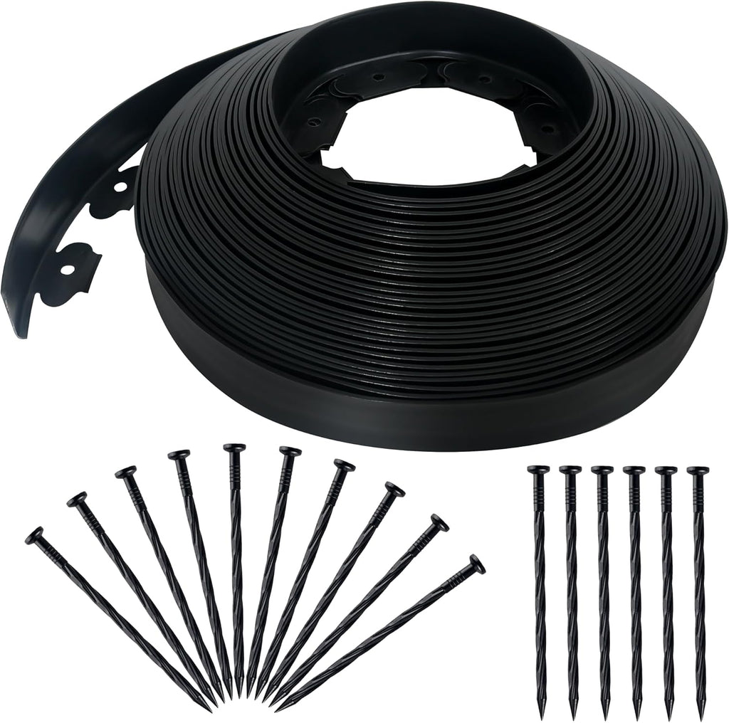 2 Inch x 100FT Landscape Edging Border with 90 Anchoring Spikes, No Dig Garden Border Edging Kit, Plastic Flexible Edging for Landscaping Garden Flower Beds Lawn Yard Paver Pathway, Black
