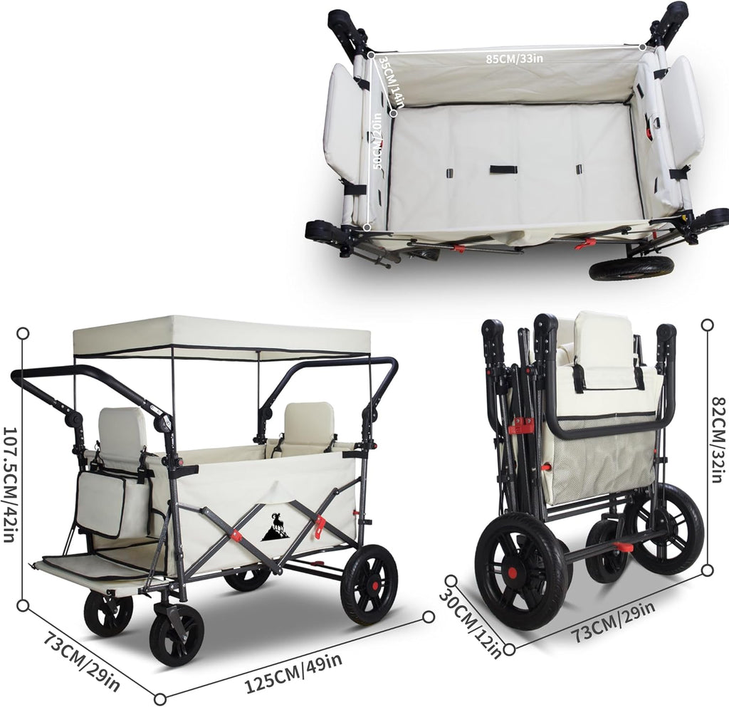 Foldable Wagon with Canopy - Collapsible Utility Cart with 2 Seats & Belts, Adjustable Handle, Expandable Front for Camping, Picnic, Shopping (Beige)