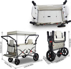 Foldable Wagon with Canopy - Collapsible Utility Cart with 2 Seats & Belts, Adjustable Handle, Expandable Front for Camping, Picnic, Shopping (Beige)