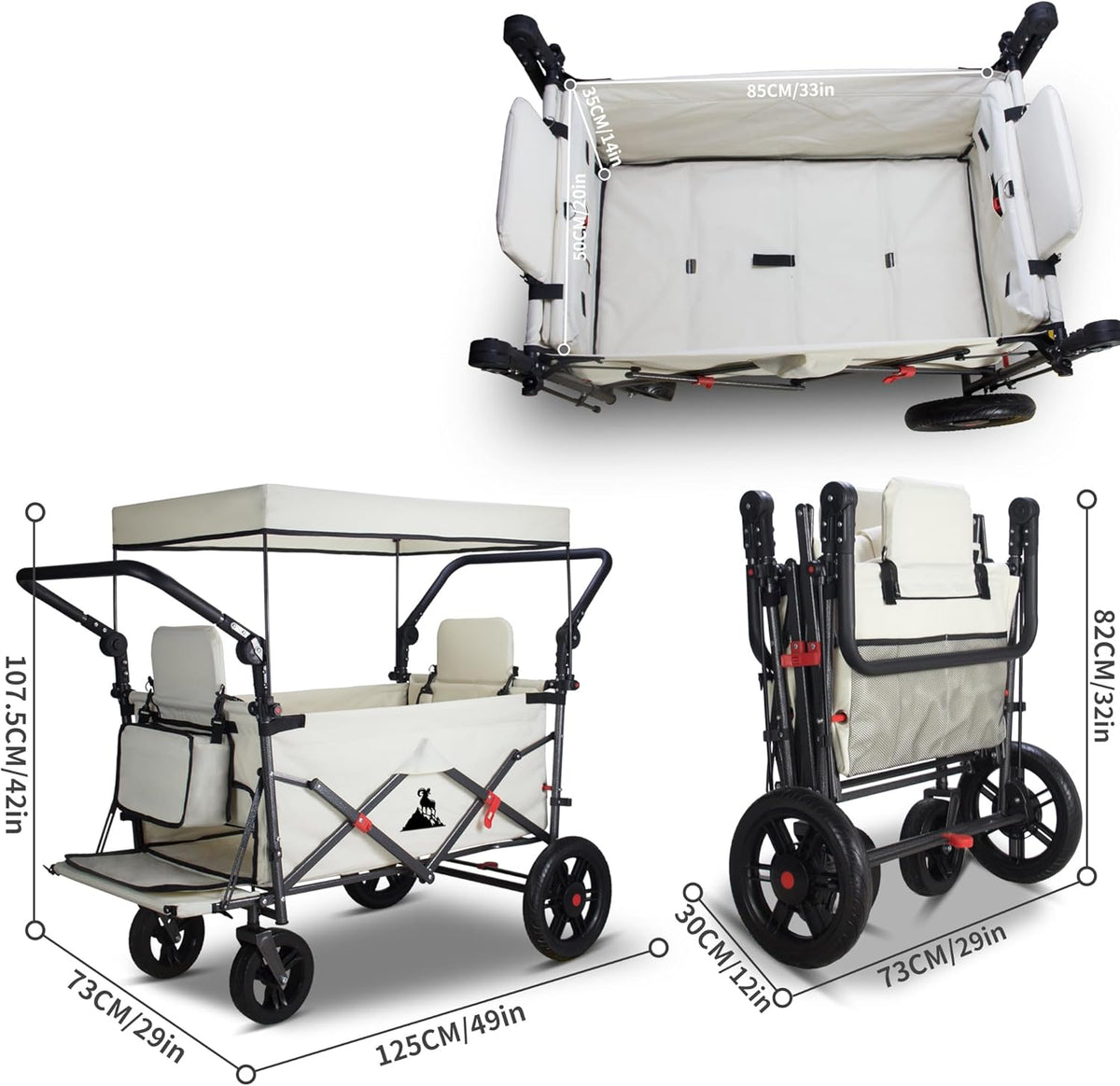 Foldable Wagon with Canopy - Collapsible Utility Cart with 2 Seats & Belts, Adjustable Handle, Expandable Front for Camping, Picnic, Shopping (Beige)