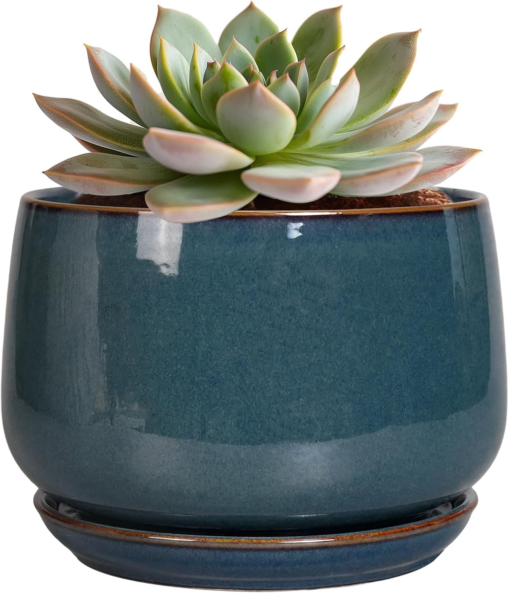G EPGardening Ceramic Planter 6 Inch - Round Modern Ceramic Pot for Plants with Drainage and Plant Tray Indoor for Flower, Apartment Decor, Housewarming Gifts New Home, Retro Blue