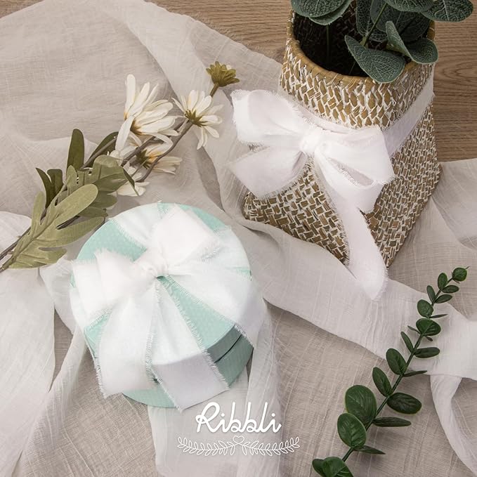 RiRibbli 3 Rolls White Ribbon 1.5 Inch x 18Yards Handmade Cotton Frayed Fringe Ribbons for Gift Wrapping Wedding Invites Bridal Bouquets Baby Shower DIY Crafts Home Decor